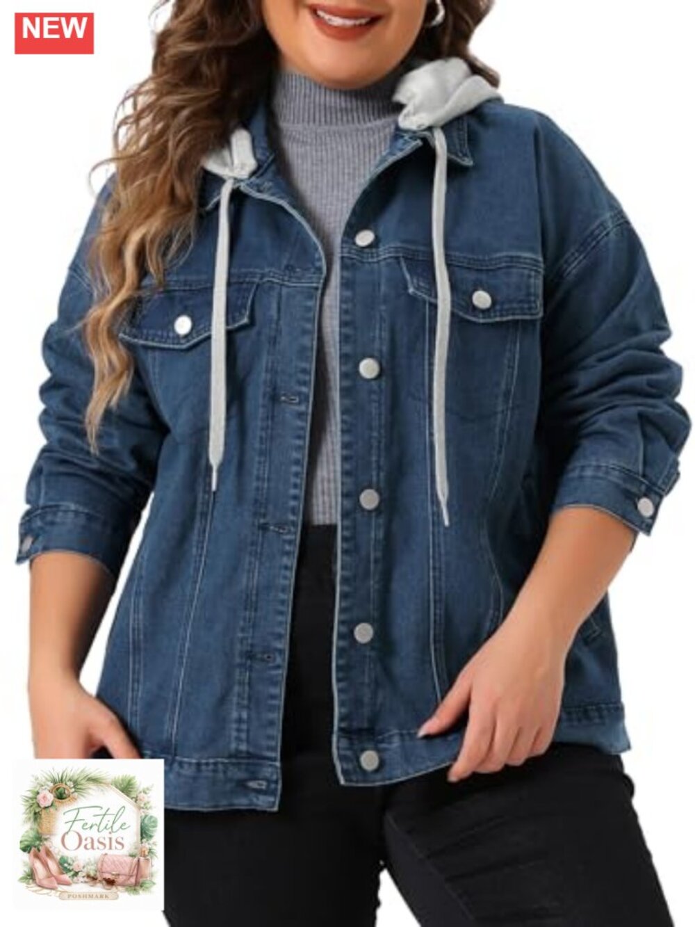 Plus Size Denim Jacket Detachable Hood Button Down Cargo Pockets